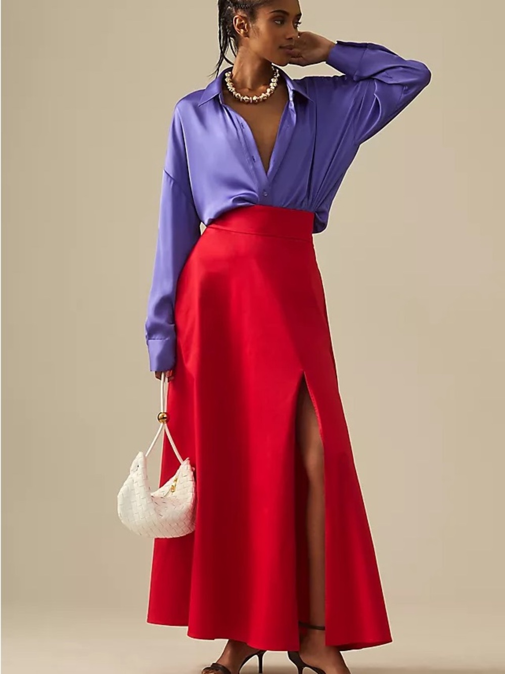 High-Waist Red Maxi Skirt with Front Slit